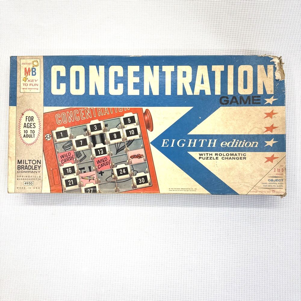 Vintage 1964 Concentration Board Game 8th Edition Milton Bradley No. 4950 USA
